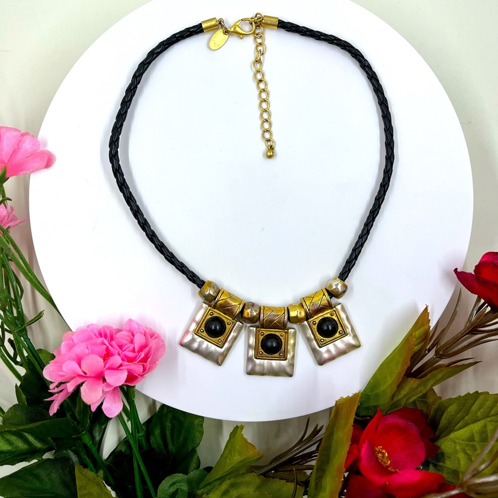 Laura Ashley Signed Vintage Braided Leather with Charms Dual Tone Necklace